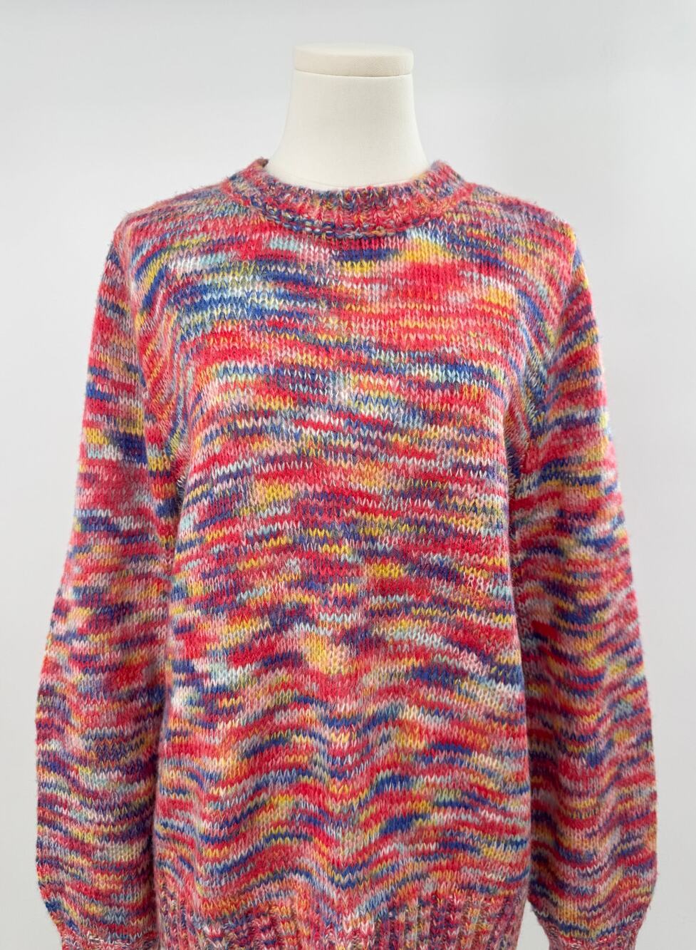 Le Superbe Red Multi Color Sweater Crewneck Knit Bright Rainbow Pullover M
